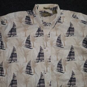 VTG Natural Issue Men's Shirt 2XL Wrinkle Free Sailing Boats Palm Print Cotton‎